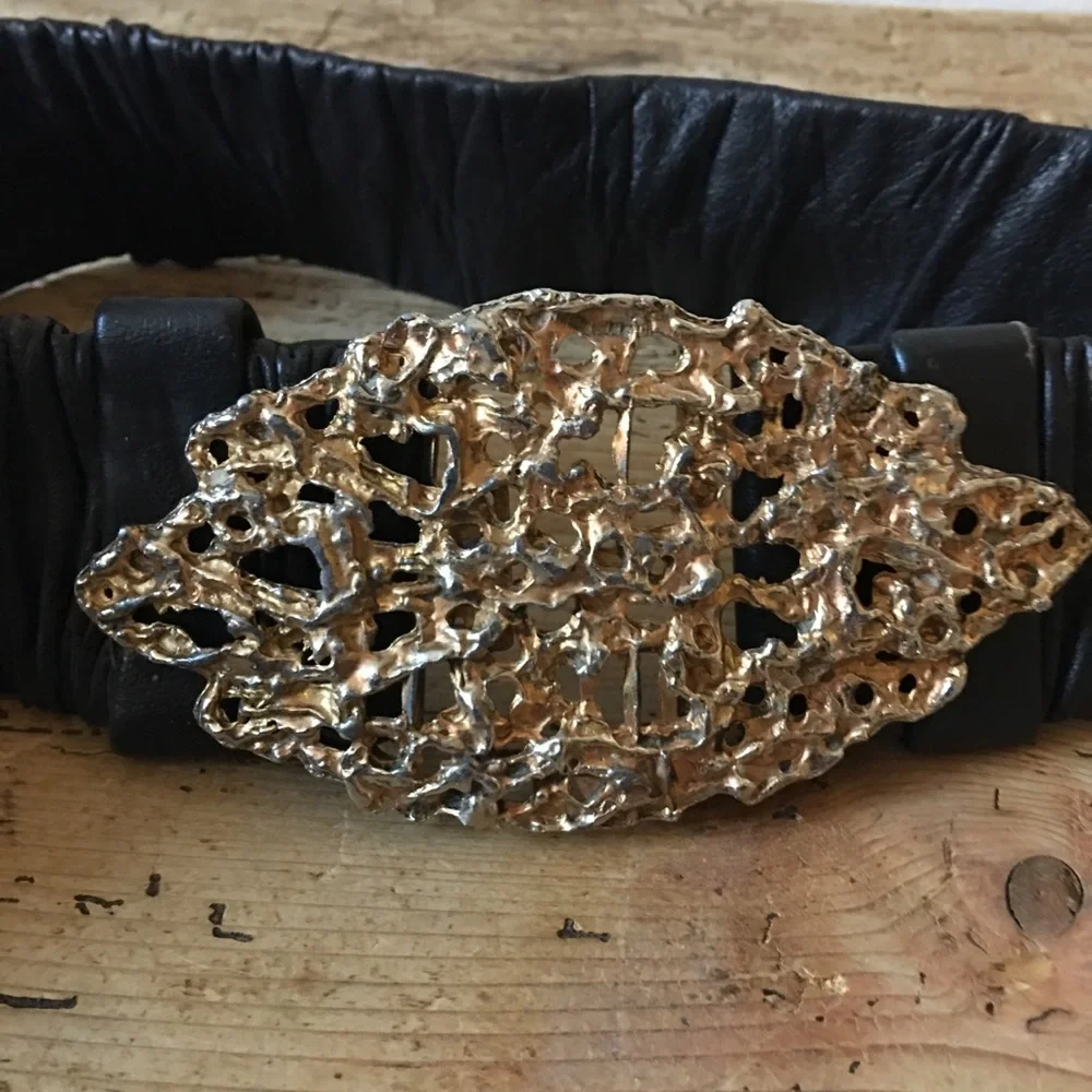 Vintage Leather Belt w/ Ornate Gold Brass Buckle